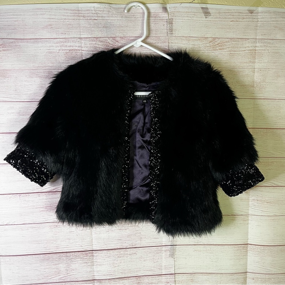 Donna Salyers'‎ Fabulous-Furs black faux fur jacket sequined sleeves size XS.